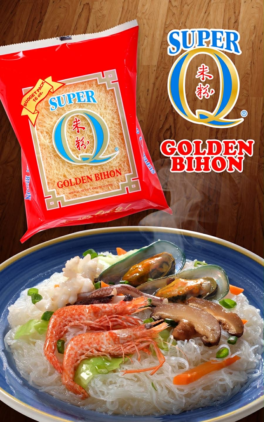 A pack of Super Q Golden Bihon beside a plate of bihon with shrimp, mussels, squid and mushrooms