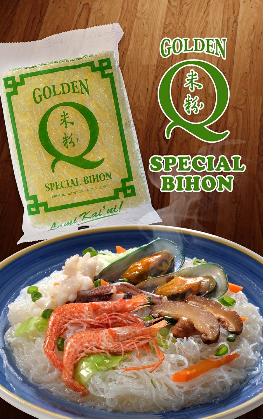 A pack of Golden Q Special Bihon, printed in Cebuano with 'Lami Kai'ni!', beside a plate of bihon with shrimp, mussels and squid